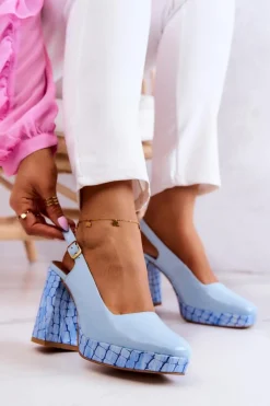 Discount Czółenka Skórzane 05441-06 Niebieskie Damskie Czółenka Klasyczne|Czółenka Na Słupku