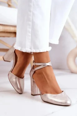 Czółenka Na Słupku|Czółenka Klasyczne>Buty Sergio Leone Czółenka Skórzane Na Słupku Sergio Leone SK851 Złote