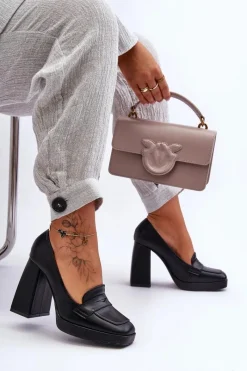 Clearance Czółenka Skórzane Na Wysokim Obcasie Czarne Alisa Damskie Czółenka Na Platformie|Czółenka Na Słupku