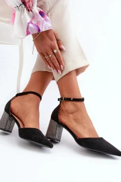 Czółenka Zamszowe|Czółenka Na Słupku>Boto Czółenka z Eko Zamszu Na Zdobionym Słupku Czarne Anlitela