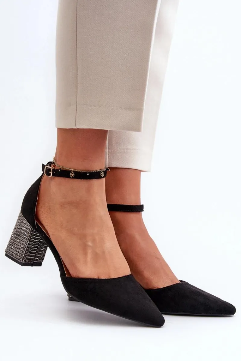 Czółenka Zamszowe|Czółenka Na Słupku>Boto Czółenka z Eko Zamszu Na Zdobionym Słupku Czarne Anlitela