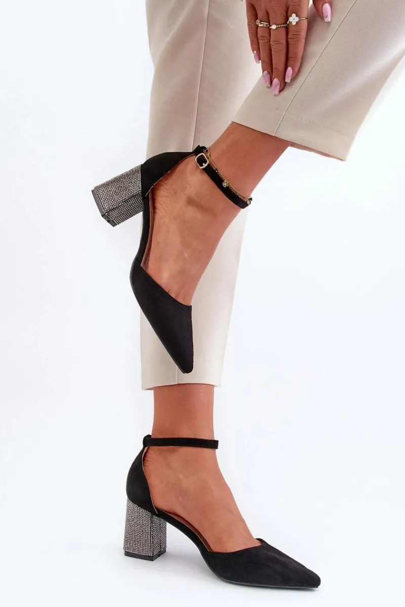 Czółenka Zamszowe|Czółenka Na Słupku>Boto Czółenka z Eko Zamszu Na Zdobionym Słupku Czarne Anlitela