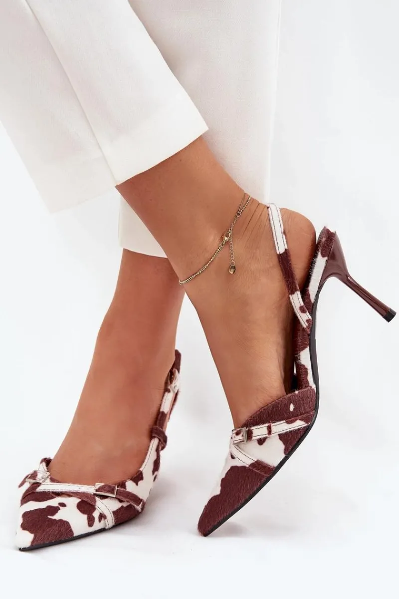 Czółenka Z Odkrytą Piętą I Paseczkami Łaty Biało-Brązowe Ravira Damskie Szpilki Lakierowane|Czółenka Klasyczne