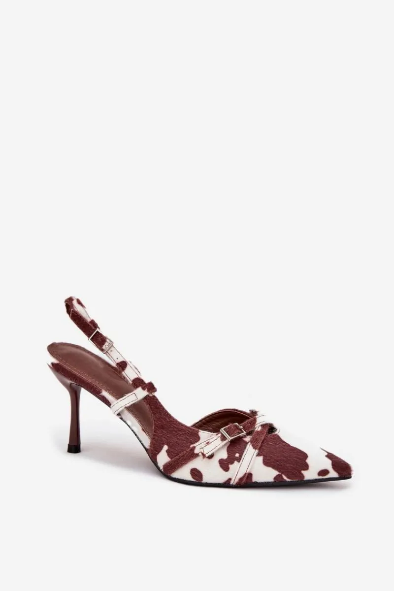 Czółenka Z Odkrytą Piętą I Paseczkami Łaty Biało-Brązowe Ravira Damskie Szpilki Lakierowane|Czółenka Klasyczne