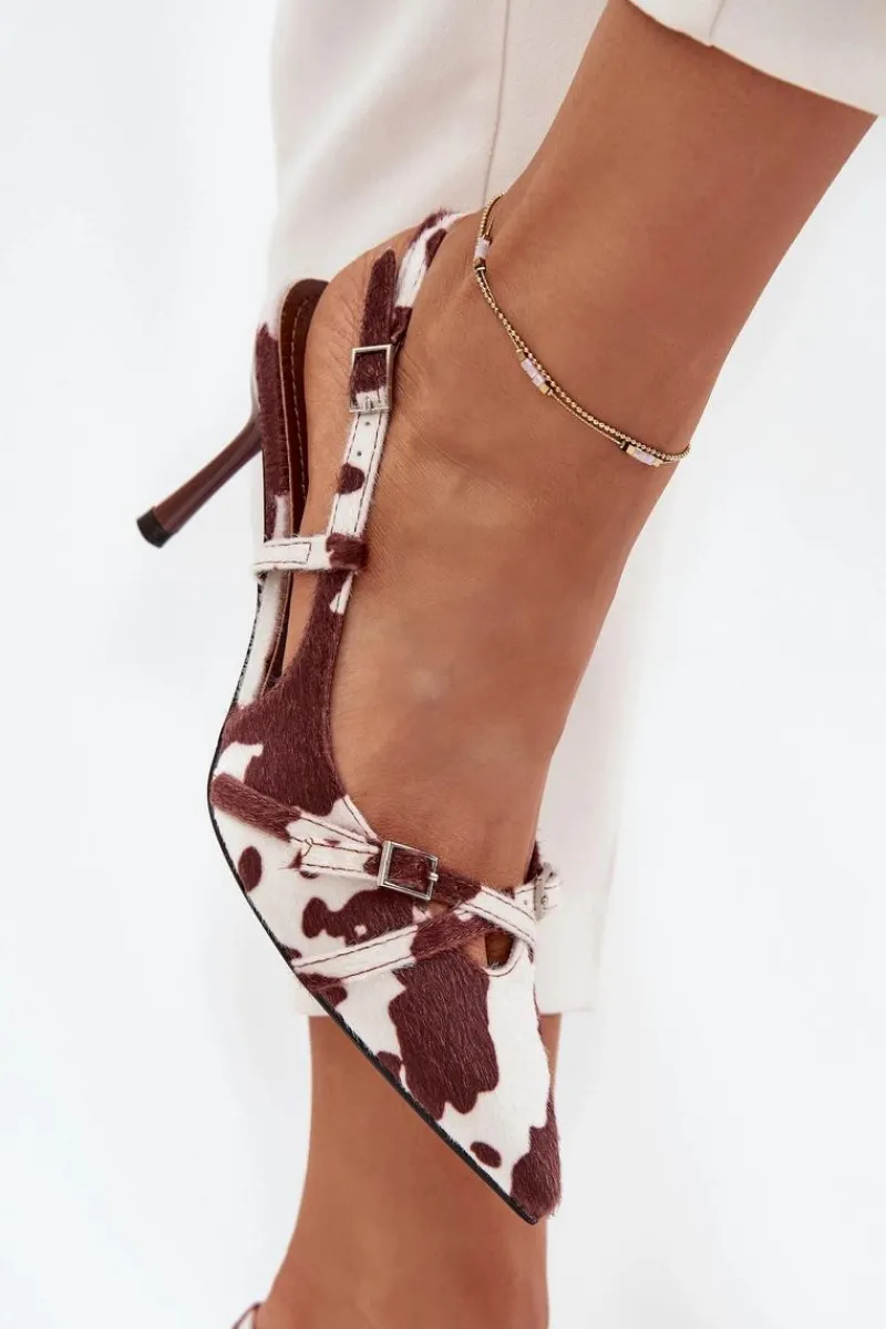 Czółenka Z Odkrytą Piętą I Paseczkami Łaty Biało-Brązowe Ravira Damskie Szpilki Lakierowane|Czółenka Klasyczne