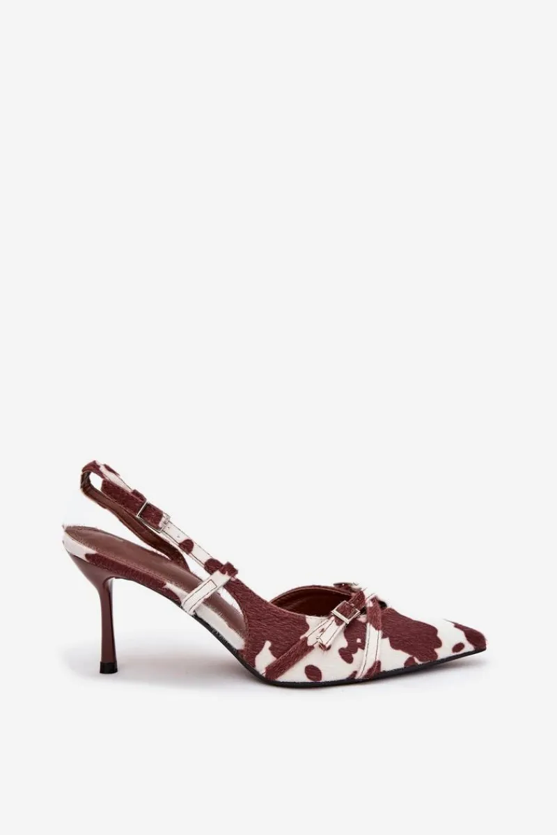 Czółenka Z Odkrytą Piętą I Paseczkami Łaty Biało-Brązowe Ravira Damskie Szpilki Lakierowane|Czółenka Klasyczne