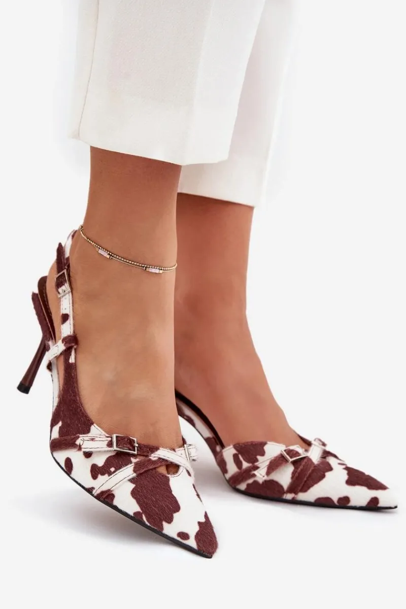 Czółenka Z Odkrytą Piętą I Paseczkami Łaty Biało-Brązowe Ravira Damskie Szpilki Lakierowane|Czółenka Klasyczne