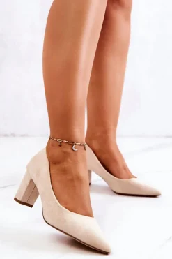 Czółenka Zamszowe Na Słupku Beżowe Abbey Damskie Czółenka Zamszowe|Czółenka Na Słupku