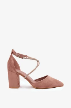 Sale Czółenka Ze Szpiczastymi Noskami I Zdobionymi Paseczkami Na Słupku Ciemnobeżowe Verithas Damskie Czółenka Zamszowe|Czółenka Na Słupku