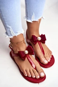 Online Boto Czerwone Damskie Gumowe Sandałki Japonki Kokarda Etta