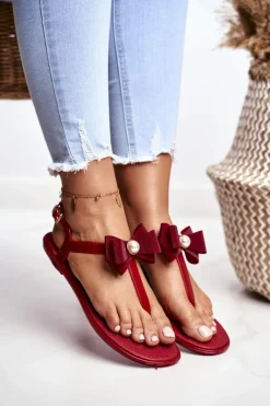Online Boto Czerwone Damskie Gumowe Sandałki Japonki Kokarda Etta