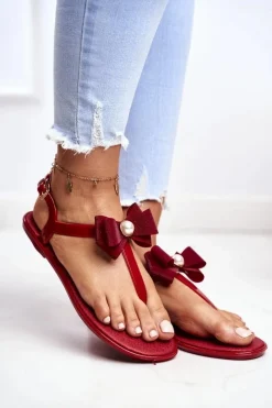 Online Boto Czerwone Damskie Gumowe Sandałki Japonki Kokarda Etta