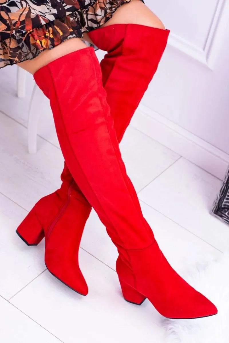 Sale Boto Czerwone Damskie Kozaki Zamszowe Za Kolano Feluni