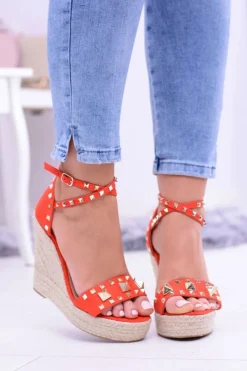 Clearance Boto Czerwone Sandały Na Koturnie Espadryl Ćwieki Dżety Narumi