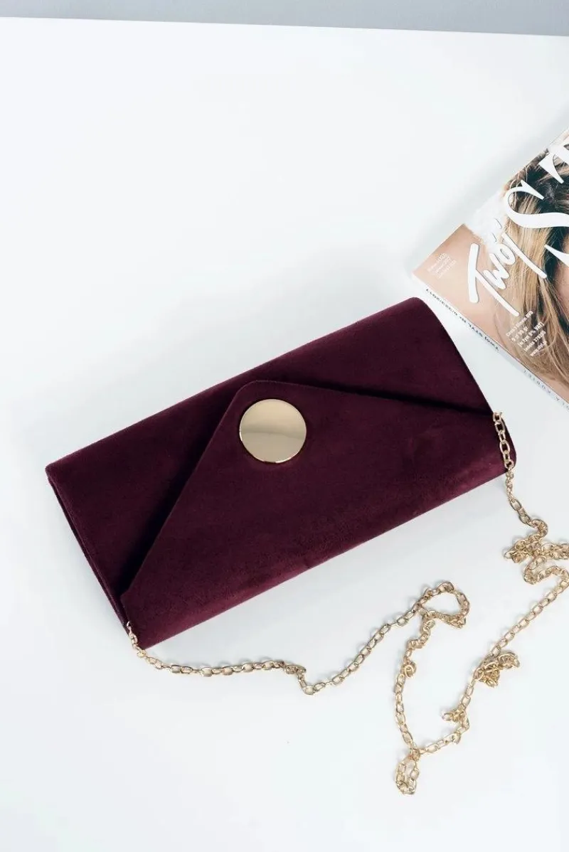 Discount Boto Damska Bordowa Kopertówka Zamsz Złoty Łańcuszek