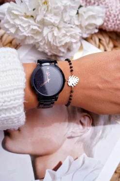 Best Boto Damska Bransoleta Na Łańcuszku Złoto Czarne Koraliki Liść Muser