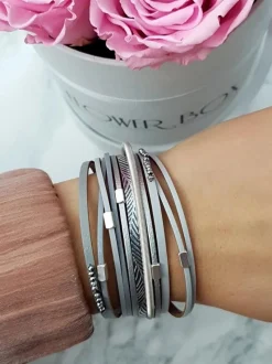 Best Boto Damska Bransoleta Rzemień Szeroka Szara Kryształki Michiko