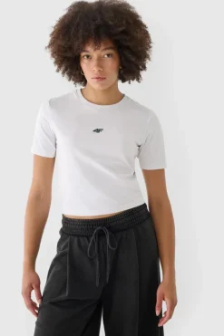 T-Shirty Damskie|Odzież 4F>4F Damski Bawełniany T-shirt Slim Cropped WAW24TTSHF1701-10S Biały
