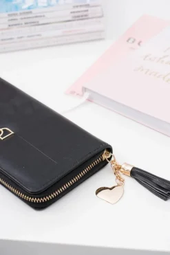 Boto Damski Czarny Duży Portfel z Frędzlem Brelok