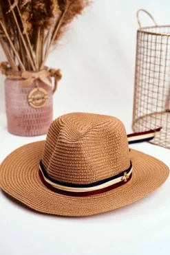 Outlet Damski Kapelusz Panama 100% Papier Camel Wstążka Złota Mucha Okrycia Głowy