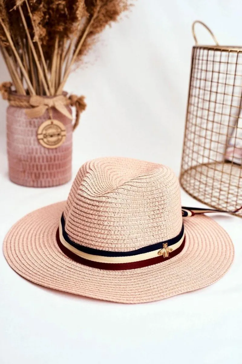 Outlet Damski Kapelusz Panama 100% Papier Różowy Wstążka Złota Mucha Okrycia Głowy