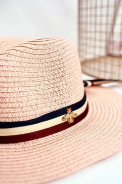 Outlet Damski Kapelusz Panama 100% Papier Różowy Wstążka Złota Mucha Okrycia Głowy