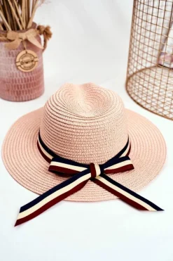 Outlet Damski Kapelusz Panama 100% Papier Różowy Wstążka Złota Mucha Okrycia Głowy