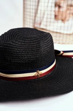 Sale Boto Damski Kapelusz Panama 100% Papier Granatowy Wstążka Złota Mucha