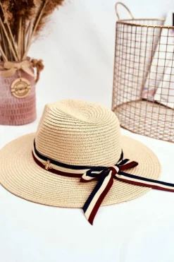 Best Boto Damski Kapelusz Panama 100% Papier Beżowy Wstążka Złota Mucha