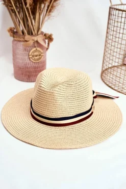 Best Boto Damski Kapelusz Panama 100% Papier Beżowy Wstążka Złota Mucha