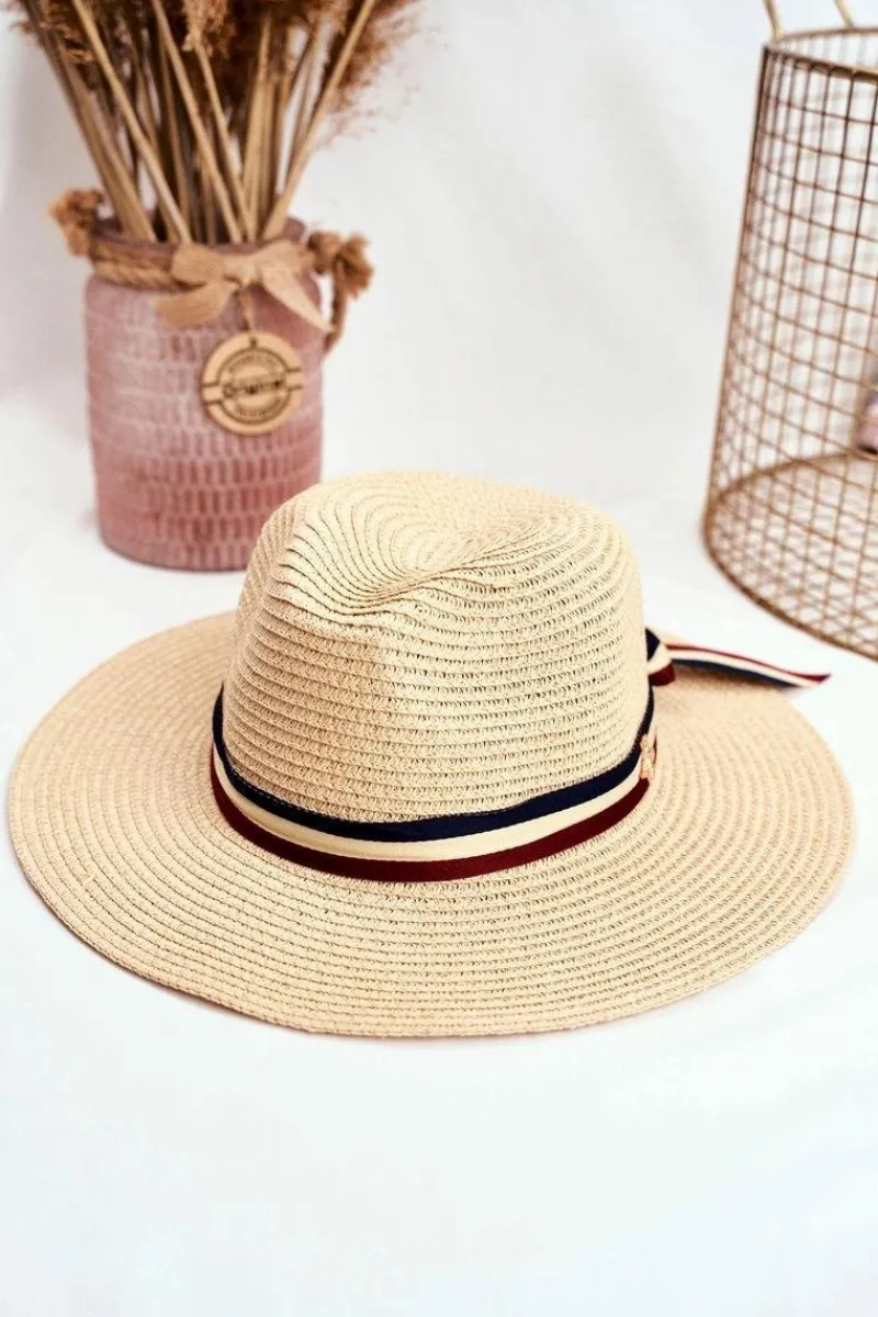 Best Boto Damski Kapelusz Panama 100% Papier Beżowy Wstążka Złota Mucha