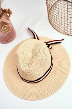 Best Boto Damski Kapelusz Panama 100% Papier Beżowy Wstążka Złota Mucha