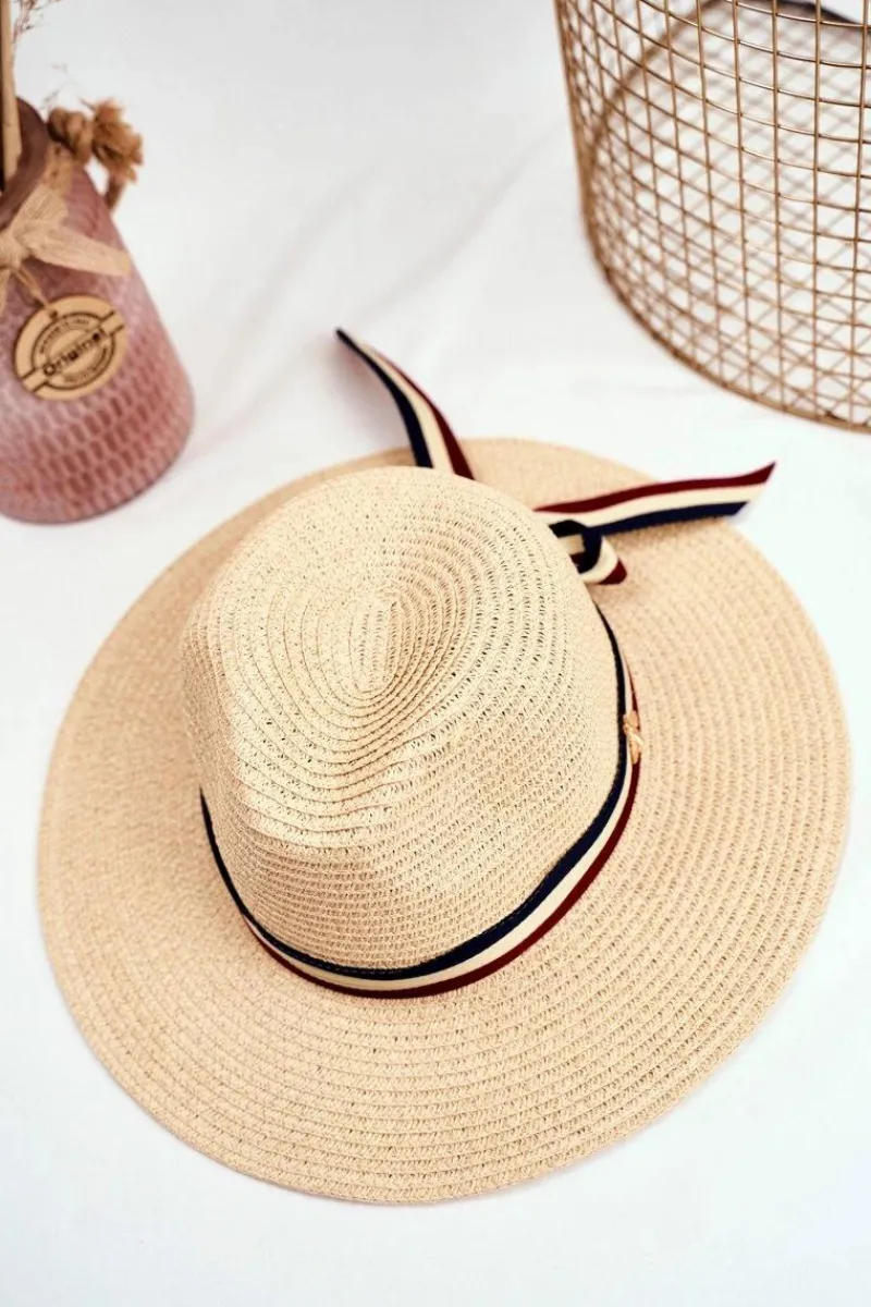 Best Boto Damski Kapelusz Panama 100% Papier Beżowy Wstążka Złota Mucha