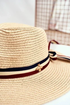 Best Boto Damski Kapelusz Panama 100% Papier Beżowy Wstążka Złota Mucha