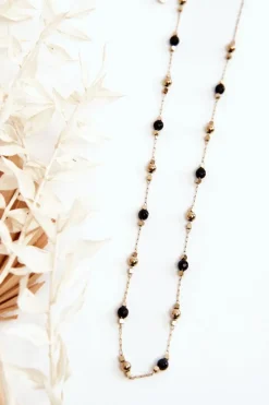 New Glam Chic Damski Naszyjnik Z Czarnymi Koralikami Złoty