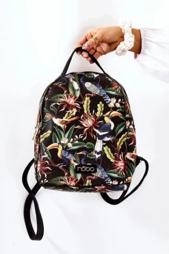 New Damski Skórzany Plecak M3170-C020 Ptaki Czarny Plecaki|Torebki Nobo