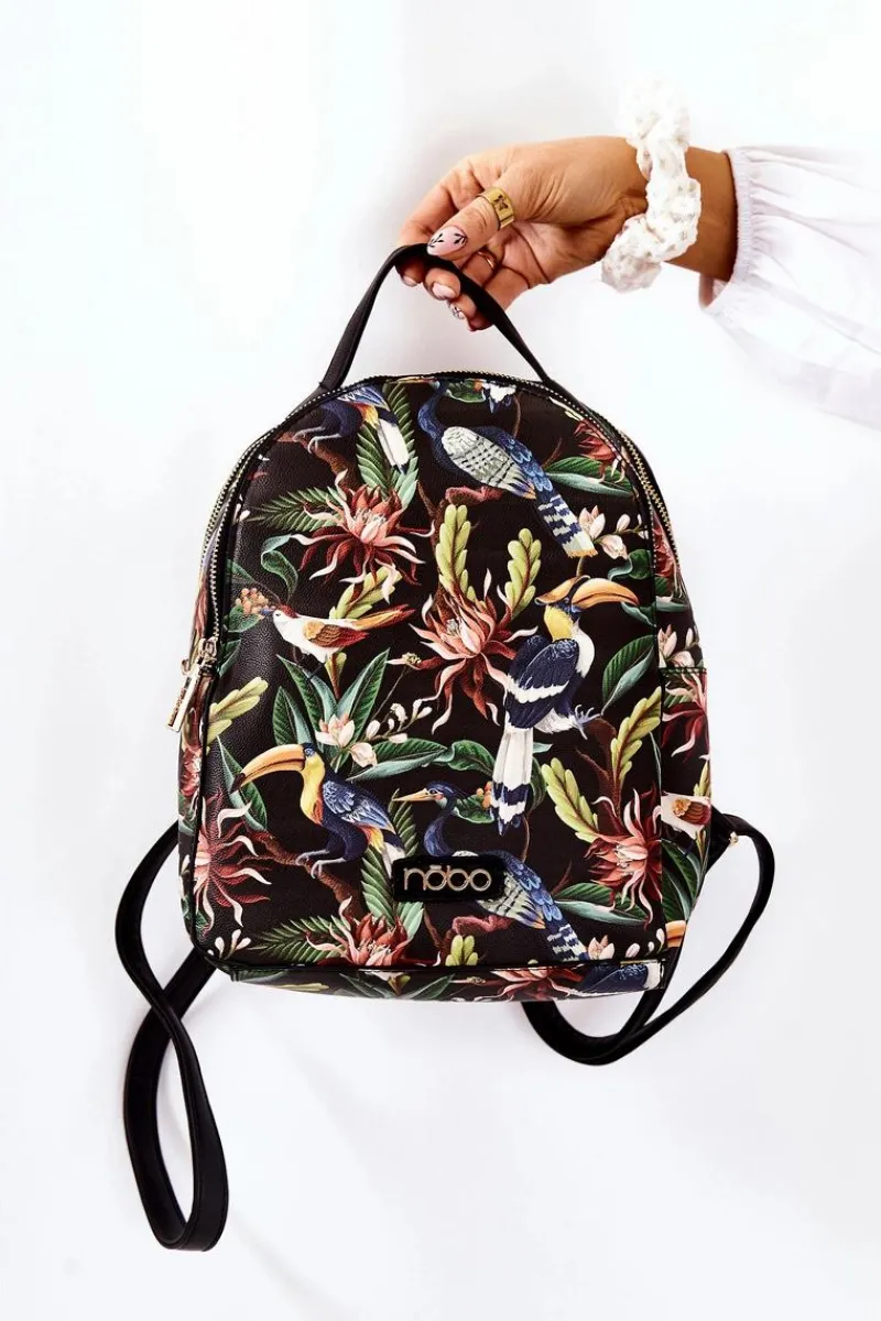 New Damski Skórzany Plecak M3170-C020 Ptaki Czarny Plecaki|Torebki Nobo