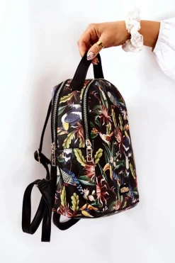 New Damski Skórzany Plecak M3170-C020 Ptaki Czarny Plecaki|Torebki Nobo
