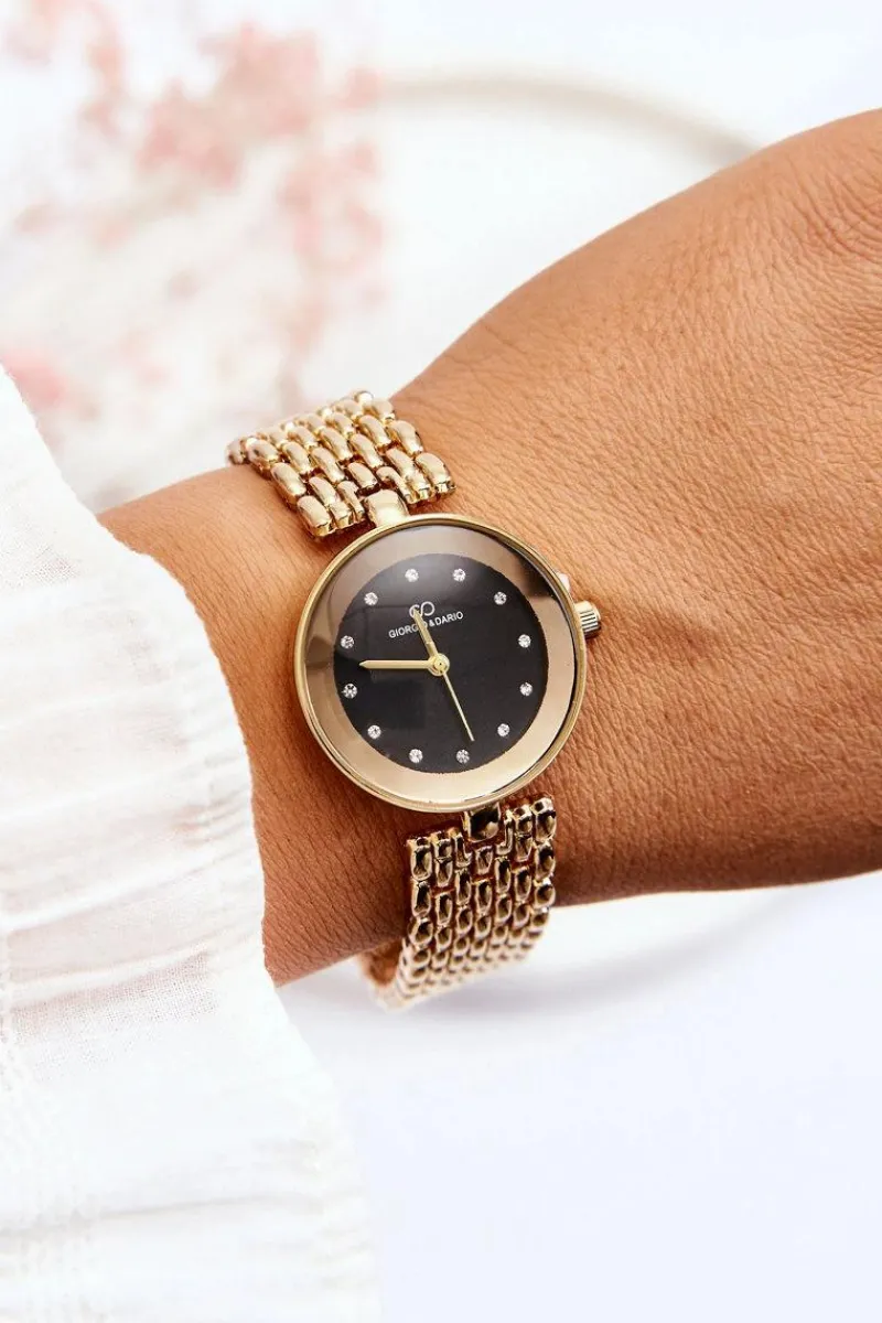 Giorgio&Dario Damski Zegarek Z Cyrkoniami Na Czarnej Tarczy Złoty