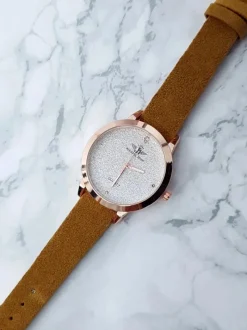 Zegarki>Michael John Damski Zegarek Evento Musztardowy Zamszowy Pasek Brokat