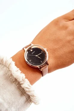 Best Damski Zegarek Na Cienkim Pasku Ciemnobeżowy Zegarki