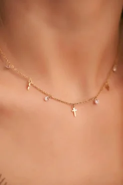 Damski Złoty Naszyjnik Łańcuszek Cyrkonie Krzyże Katie Naszyjniki