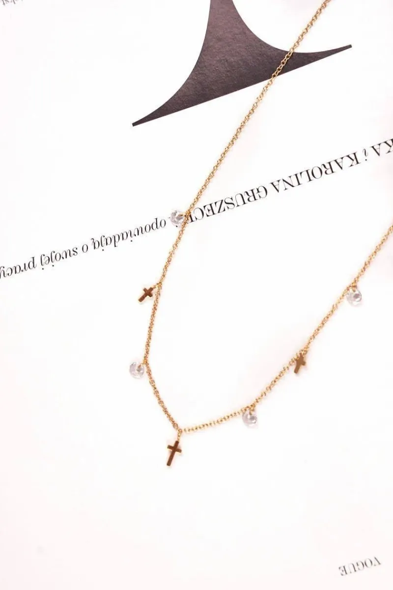 Damski Złoty Naszyjnik Łańcuszek Cyrkonie Krzyże Katie Naszyjniki