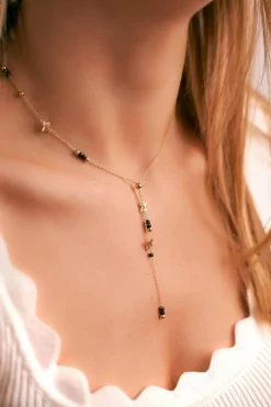 Naszyjniki>Boto Damski Złoty Naszyjnik Łańcuszek Kwiatki Czarne Kuleczki Carla