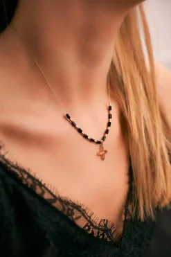 Best Boto Damski Złoty Naszyjnik Łańcuszek Kwiatek Czarne Kuleczki Cecilia