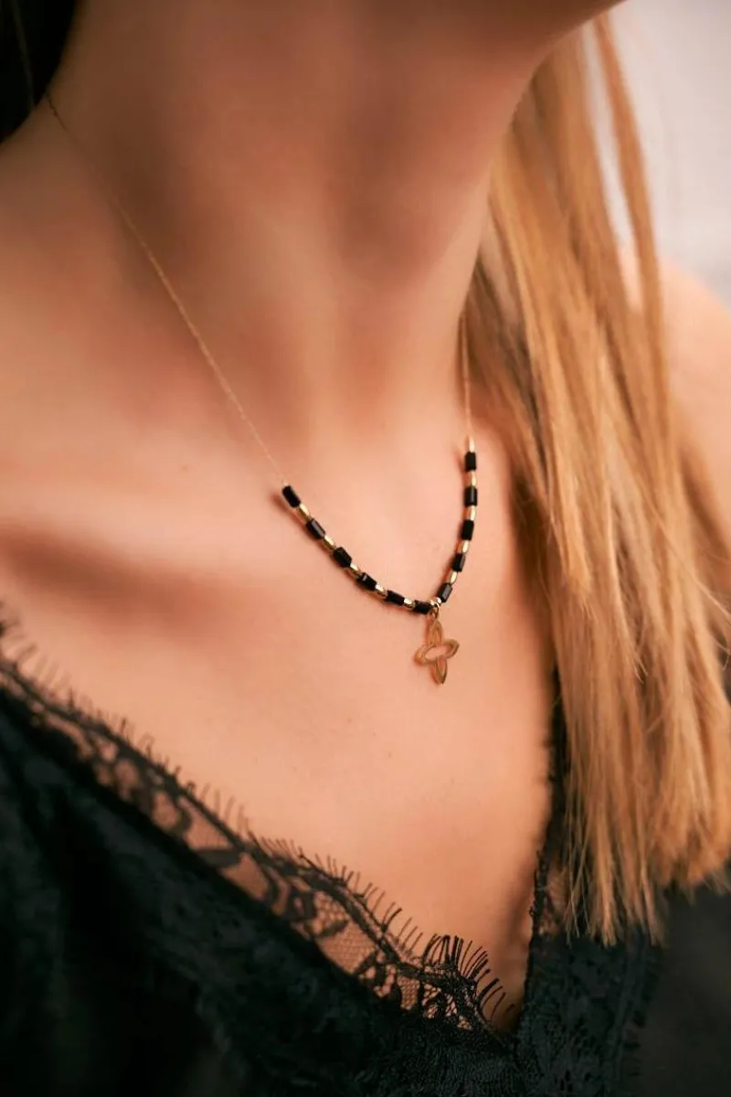 Best Boto Damski Złoty Naszyjnik Łańcuszek Kwiatek Czarne Kuleczki Cecilia