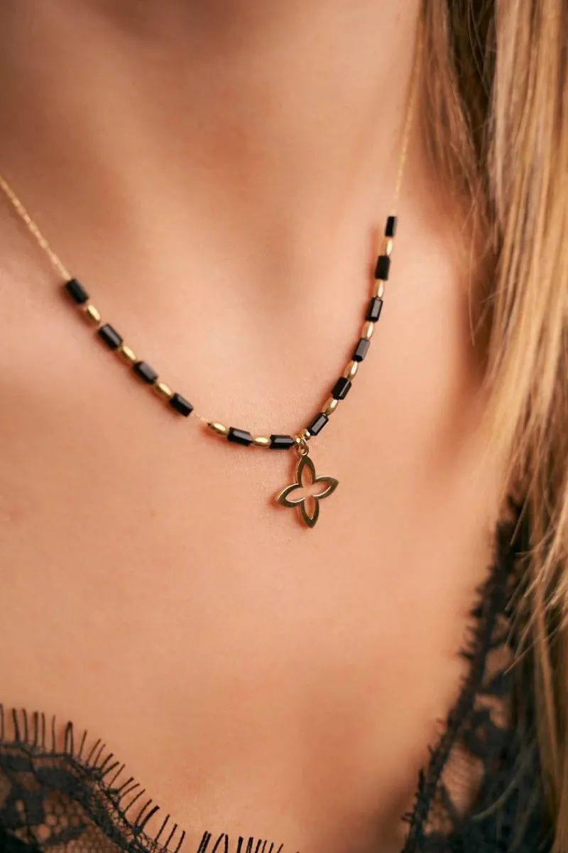 Best Boto Damski Złoty Naszyjnik Łańcuszek Kwiatek Czarne Kuleczki Cecilia