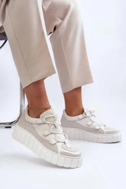 Clearance Damskie Skórzane Buty Sportowe Na Platformie M01/1 Jasnobeżowe Damskie Buty Sportowe Na Platformie|Sneakersy Damskie