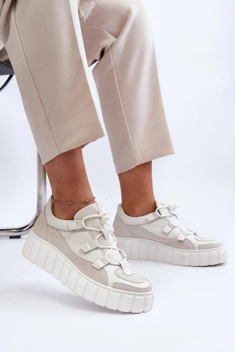 Clearance Damskie Skórzane Buty Sportowe Na Platformie M01/1 Jasnobeżowe Damskie Buty Sportowe Na Platformie|Sneakersy Damskie
