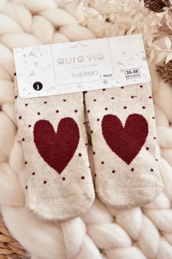 Skarpetki|Skarpetki>Aura.via Damskie Antypoślizgowe Skarpetki W Serca I Kropki Beżowe